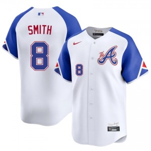 Mens Bravos Dominic Smith #8 City Connect White Game Jerseys 179817-837