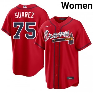 Women Atlanta Bravos Robert Suarez #75 Red Stitched Jersey 528117-315